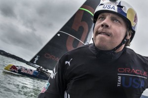 Travis Rice bites his competitive lip while racing as honorary captain against fellow Red Bull athlete Jamie O'Brien in a friendly scrimmage of the two Oracle Red Bull America's Cup sailing teams. Rice won 2 races to 1.