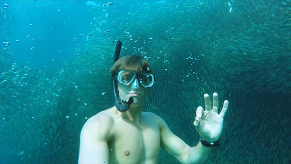 GoPro snorkler surrounded by Sardines